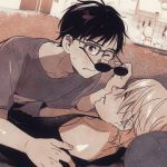  black_eyes black_hair black_shirt blurry blush couch cupboard depth_of_field dutch_angle eyelashes frying_pan glasses katsuki_yuuri kitchen looking_at_another lying male_focus monochrome multiple_boys one_eye_closed profile shirt short_hair smile sunglasses sweatdrop tadano53 viktor_nikiforov white_hair yaoi yuri!!!_on_ice 