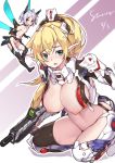  blonde_hair breasts green_eyes gun highres large_breasts looking_at_viewer mecha_musume multiple_girls nipples open_mouth original personification pointy_ears red_eyes revealing_clothes small_breasts stmaster thighhighs weapon white_hair 