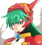  1girl 7aho android bangs blue_eyes buttons female green_hair helmet long_hair marino portrait rockman rockman_x rockman_x_command_mission signature smile solo 