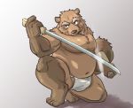  2017 anthro belly brown_fur bulge canine clothed clothing fundoshi fur japanese_clothing mammal melee_weapon moobs nipples ojijinotete simple_background solo sword tanuki topless underwear weapon 