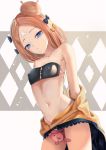  abigail_williams_(fate/grand_order) absurdres bandeau bangs bare_shoulders between_legs black_bow black_jacket blue_eyes bow breasts closed_mouth collarbone commentary_request covered_nipples crossed_bandaids eyebrows_visible_through_hair fate/grand_order fate_(series) hair_bow hair_bun highres jacket jacket_pull light_brown_hair long_hair looking_at_viewer navel nekobell orange_bow parted_bangs polka_dot polka_dot_bow small_breasts solo strapless stuffed_animal stuffed_toy teddy_bear thighs 