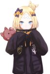  abigail_williams_(fate/grand_order) bangs black_bow black_jacket blonde_hair blue_eyes blush bow closed_mouth commentary_request crossed_bandaids eyebrows_visible_through_hair fate/grand_order fate_(series) hair_bow hair_bun hands_up heroic_spirit_traveling_outfit jacket long_hair long_sleeves looking_at_viewer object_hug orange_bow parted_bangs polka_dot polka_dot_bow simple_background sleeves_past_fingers sleeves_past_wrists solo stuffed_animal stuffed_toy teddy_bear upper_body white_background yuzuaji 