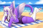  anthro beach clothed clothing crossdressing eyewear feathered_wings feathers feline fully_clothed girly glasses hybrid iwbitu lying male mammal nicoya on_front seaside solo swimsuit thick_thighs wings 