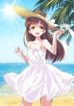  amezawa_koma bare_shoulders beach blue_sky blush bow brown_eyes brown_hair collarbone commentary_request cowboy_shot day dress eyebrows_visible_through_hair hat hat_bow highres idolmaster idolmaster_cinderella_girls long_hair looking_at_viewer nitta_minami ocean open_mouth outdoors palm_tree ribbon sand shore sky sleeveless sleeveless_dress smile solo straw_hat sun sun_hat sundress sunlight tree water white_bow white_dress white_ribbon 