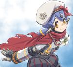  android arms_behind_back bangs beret bow cape closed_mouth flower hana_(xenoblade) hat hat_bow highres lily_(flower) looking_at_viewer orange_eyes purple_hair red_bow red_cape robot_joints short_hair short_twintails smile solo torn_cape twintails white_flower white_hat xenoblade_(series) xenoblade_2 yazwo 