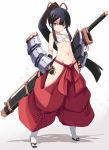  :&lt; arm_guards armor breasts brown_eyes bushidou_(sekaiju) closed_mouth collarbone commentary_request eyebrows_visible_through_hair fighting_stance full_body geta groin hair_ribbon hakama highres hip_vent holding japanese_armor japanese_clothes karukan_(monjya) legs_apart long_hair looking_at_viewer navel no_panties ponytail red_ribbon ribbon sarashi sekaiju_no_meikyuu serious shadow sheath sheathed sidelocks simple_background small_breasts socks solo standing stomach sword tabi very_long_hair weapon white_background white_legwear 