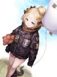  abigail_williams_(fate/grand_order) balloon bangs black_bow black_jacket blonde_hair blue_eyes blue_sky blurry blurry_foreground blush bow closed_mouth cloud cloudy_sky commentary_request crossed_bandaids day depth_of_field dutch_angle fate/grand_order fate_(series) hair_bow hair_bun heroic_spirit_traveling_outfit holding holding_balloon jacket long_hair long_sleeves medjed noruka-soruka object_hug orange_bow parted_bangs polka_dot polka_dot_bow sky sleeves_past_fingers sleeves_past_wrists smile solo stuffed_animal stuffed_toy suction_cups teddy_bear tentacles 
