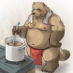  2016 anthro belly brown_fur bulge canine clothing cooking food fundoshi fur japanese_clothing male mammal moobs navel nipples ojijinotete overweight overweight_male solo sweat tanuki towel underwear 