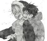  ^_^ black_hair blurry blush closed_eyes coat depth_of_field eyebrows_visible_through_hair fingernails glasses greyscale happy hood hood_down hood_up hooded_jacket hoodie hug hug_from_behind jacket katsuki_yuuri male_focus monochrome multiple_boys open_mouth outdoors profile short_hair simple_background smile snow tadano53 upper_body viktor_nikiforov white_background winter winter_clothes yaoi yuri!!!_on_ice 