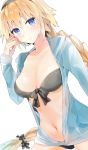  bad_id bad_twitter_id bangs bikini black_bikini black_hairband black_scrunchie blonde_hair blue_eyes blue_jacket blush braid breasts cleavage closed_mouth commentary_request eyebrows_visible_through_hair fate/grand_order fate_(series) fingernails hair_between_eyes hair_ornament hair_scrunchie hairband hand_up highres hood hood_down hooded_jacket jacket jeanne_d'arc_(fate)_(all) jeanne_d'arc_(swimsuit_archer) long_hair long_sleeves medium_breasts navel open_clothes open_jacket scrunchie simple_background single_braid sleeves_past_wrists smile solo swimsuit tomozero very_long_hair white_background 