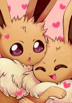  2018 4_toes absurd_res ambiguous/ambiguous ambiguous_gender beady_eyes black_nose brown_eyes brown_fur bust_portrait canine cute digital_drawing_(artwork) digital_media_(artwork) duo eevee embrace eyes_closed feral feral_on_feral flufflix fur head_tuft hi_res hug mammal multicolored_fur neck_tuft nintendo open_mouth open_smile pink_background pink_tongue pok&eacute;mon pok&eacute;mon_(species) portrait simple_background smile sparkle surprise tan_fur toes tongue toony tuft two_tone_fur video_games 