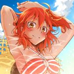  ahoge armpits arms_up bikini blue_sky blush breasts brilliant_summer cleavage cloud day eyebrows_visible_through_hair fate/grand_order fate_(series) fujimaru_ritsuka_(female) grin hair_between_eyes halterneck looking_at_viewer medium_breasts nakabayashi_zun orange_bikini orange_hair outdoors scrunchie short_hair side_ponytail sky smile striped striped_bikini swimsuit upper_body yellow_eyes yellow_scrunchie 