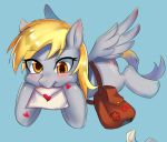  &lt;3 2018 amber_eyes blonde_hair blue_background blush cute cutie_mark derp_eyes derpy_hooves_(mlp) envelope equine eyebrows eyelashes feathered_wings feathers female feral flying friendship_is_magic grey_background hair hooves mailbag mammal mouth_hold my_little_pony nude pegasus portrait satchel simple_background solo tzc wings 