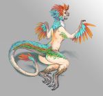  2018 breasts butt dinosaur feathered_dinosaur feathers female grey_background hawktrap nude open_mouth prehensile_feet raptor simple_background solo surprise talons theropod transformation wings yellow_sclera 