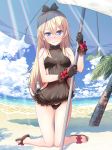  beach beach_umbrella black_gloves black_swimsuit blonde_hair blue_eyes blush bow closed_mouth day embarrassed eyebrows_visible_through_hair fisheye game_cg gloves hair_bow hairband highres kirara_fantasia kneeling long_hair looking_at_viewer navel new_game! non-web_source official_art one-piece_swimsuit outdoors palm_tree sandals see-through solo sunlight swimsuit tokunou_shoutarou tree umbrella wavy_mouth yagami_kou 