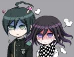  8takenokonosato8 ahoge checkered checkered_scarf danganronpa gakuran green_eyes green_hair multiple_boys mushroom new_danganronpa_v3 ouma_kokichi purple_eyes purple_hair saihara_shuuichi scarf school_uniform shaded_face simple_background striped sweat 