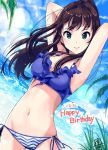  armpits arms_up bikini brown_hair cloud commentary_request green_eyes groin idolmaster idolmaster_cinderella_girls looking_at_viewer mistrail navel ocean palm_tree ponytail shibuya_rin side-tie_bikini signature sky smile solo swimsuit tree 