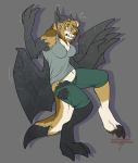  animate_inanimate anthro belly blue_eyes breasts brown_fur brown_hair canine chest_tuft clothing collie crimsoneclipse dog fangs female fur gargoyle grey_skin hair horn lurkingwolf mammal membranous_wings paws shirt shorts simple_background solo stone torn_clothing transformation tuft wings 