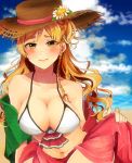  alternate_costume bangs bare_shoulders beach bikini blonde_hair blue_sky blurry blurry_background blush braid breasts brown_eyes cleavage cloud collarbone commentary_request day eyebrows_visible_through_hair french_braid hair_between_eyes hat italian_flag italian_flag_bikini kakitamago kantai_collection large_breasts long_hair looking_at_viewer navel ocean outdoors sand sarong shawl side_braid sidelocks sky smile solo stomach sun_hat swimsuit wavy_hair zara_(kantai_collection) 
