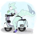  2018 anthro backpack beverage blue_eyes breasts butt clothed clothing crop_top digital_drawing_(artwork) digital_media_(artwork) female fish footwear furgonomics green_skin looking_back marine non-mammal_breasts punipaws scooter shark shirt shoes simple_background solo swimsuit tail_button_bottoms tail_clothing tora_(punipaws) underwear vehicle 