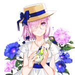  blue_bow blue_flower blue_ribbon bottle bow braid closed_mouth collarbone dress fate/grand_order fate_(series) floral_background flower glasses hair_bow hair_over_one_eye hat hat_bow hat_ribbon head_tilt highres holding holding_bottle jewelry looking_at_viewer mash_kyrielight mona0101 morning_glory nail_art necklace pink_flower pink_hair purple_eyes ribbon short_hair side_braid single_braid sleeveless sleeveless_dress smile solo straw_hat sun_hat upper_body white-framed_eyewear white_background white_dress 