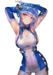  ahoge armpits arms_behind_head azur_lane bangs bare_shoulders blue_gloves blue_hair blush breasts cleavage closed_mouth collarbone commentary covered_navel cowboy_shot double-breasted dress elbow_gloves eyebrows_visible_through_hair garter_straps gloves gradient_hair hair_between_eyes hair_ornament hair_ribbon hanato_(seonoaiko) hand_in_hair head_tilt highres hips impossible_clothes impossible_dress large_breasts light_smile long_hair looking_at_viewer microdress multicolored_hair no_bra purple_eyes rainbow_gradient ribbon side_slit sideboob sidelocks smile solo sparkle st._louis_(azur_lane) star symbol_commentary taut_clothes taut_dress thighs tress_ribbon white_background white_gloves 