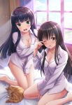  alternative_girls bangs bed_sheet black_hair blunt_bangs blush bow breasts brown_eyes brown_hair buttons cleavage collarbone crossover day embarrassed green_eyes hair_bow highres indoors kotegawa_yui large_breasts long_hair long_sleeves looking_at_viewer medium_breasts multiple_girls naked_shirt no_panties official_art on_bed one_eye_closed open_mouth red_bow rubbing_eyes shirt sitting sleepy tendou_machi to_love-ru to_love-ru_darkness white_shirt window 