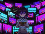  8takenokonosato8 checkered checkered_scarf danganronpa male_focus new_danganronpa_v3 ouma_kokichi purple_eyes purple_hair scarf shaded_face short_hair solo straitjacket sweat television 