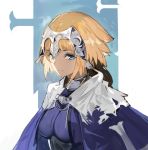  andrian_gilang armor armored_dress bangs blonde_hair blue_cape blue_dress blue_eyes braid breasts cape capelet chain dress eyebrows_visible_through_hair fate/apocrypha fate_(series) gauntlets headpiece highres jeanne_d'arc_(fate) jeanne_d'arc_(fate)_(all) large_breasts long_braid long_hair looking_at_viewer single_braid smile 