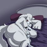  2014 alien anthro areola bed bedroom big_breasts big_butt breasts butt canine digital_media_(artwork) digitigrade duo female floppy_ears fluffy fluffy_tail inside lagotrope long_ears lying mammal neumono nipples nude on_bed polo rokoa scratches sharp_teeth size_difference smile spooning teeth thick_thighs 