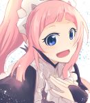  blue_eyes bridal_gauntlets commentary_request felicia_(fire_emblem_if) fire_emblem fire_emblem_if highres long_hair maid maid_headdress nakabayashi_zun open_mouth pink_hair ponytail simple_background solo white_background 