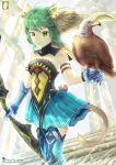 animal_ears arm_belt artist_name atalanta_(fate) bird bird_on_hand blonde_hair blue_footwear blue_gloves blue_skirt boots bow_(weapon) breasts cat_ears cat_tail chinchongcha choker day fate/apocrypha fate_(series) floating_hair gloves green_eyes green_hair highres holding holding_bow_(weapon) holding_weapon miniskirt multicolored_hair outdoors pleated_skirt shiny shiny_hair sideboob skirt small_breasts solo stairs standing striped tail thigh_boots thighhighs two-tone_hair watermark weapon web_address 