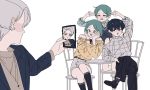  alternate_costume bangs bare_shoulders blue_hair bob_cut cairngorm_(houseki_no_kuni) casual cellphone cellphone_picture chair crossed_legs diffndk double_v earrings green_eyes green_hair hands_on_own_cheeks hands_on_own_face highres houseki_no_kuni humanization jewelry kneeling meme multiple_others pale_skin parody parted_bangs phone phosphophyllite phosphophyllite_(ll) self_shot shirt short_hair silver_hair simple_background sitting smartphone spoilers table taking_picture v white_background yellow_shirt 