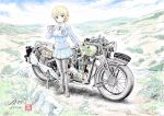 artist_name bangs black_footwear black_legwear black_neckwear blonde_hair blue_eyes blue_skirt blue_sweater braid closed_mouth cloud cloudy_sky colored_pencil_(medium) cup darjeeling dated day dress_shirt emblem eyebrows_visible_through_hair girls_und_panzer ground_vehicle highres holding holding_cup kubota_shinji loafers long_sleeves looking_at_viewer miniskirt motor_vehicle motorcycle necktie new_imperial_7b outdoors pantyhose pleated_skirt school_uniform shirt shoes short_hair signature skirt sky smile solo st._gloriana's_(emblem) st._gloriana's_school_uniform sweater teacup tied_hair traditional_media twin_braids v-neck watermark white_shirt wing_collar 