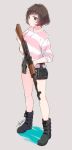  akiyama_yukari akm artist_name assault_rifle bangs belt black_footwear boots brown_eyes brown_hair casual combat_boots commentary eyebrows_visible_through_hair full_body girls_und_panzer grey_background gun holding holding_gun holding_weapon light_frown long_sleeves looking_at_viewer messy_hair parted_lips pink_shirt pouch rifle shirt short_hair short_shorts shorts signature sleeves_rolled_up solo standing striped striped_shirt tam_a_mat utility_belt weapon white_shorts 