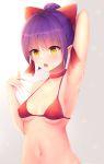  arm_up armpits bangs bikini blush bow breasts choker collarbone covered_nipples endsmall_min eyebrows_visible_through_hair fingernails gegege_no_kitarou gradient gradient_background grey_background hair_between_eyes hair_bow halter_top halterneck hand_up high_ponytail highres medium_breasts navel nekomusume nekomusume_(gegege_no_kitarou_6) parted_lips ponytail purple_hair red_bikini red_bow red_choker sharp_fingernails short_hair sidelocks solo swimsuit very_long_fingernails white_background yellow_eyes 