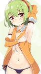 1girl arm_up armpits bangs bare_shoulders black_panties blush cameltoe chunithm cowboy_shot detached_sleeves eyebrows_visible_through_hair female green_background green_hair hand_up headphones highres looking_at_viewer navel orange_eyes orange_vest panties shiny shiny_hair shiny_skin short_hair side-tie_panties simple_background sky_feather solo standing steam steaming_body sweat underwear wabomaiyabu 