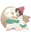  beanie black_hair closed_eyes closed_mouth commentary_request from_side gen_7_pokemon glasses green_shorts hat highres hug iovebly mizuki_(pokemon) pokemon pokemon_(creature) pokemon_(game) pokemon_sm red_hat rowlet shirt short_hair shorts simple_background sleeveless sleeveless_shirt smile socks white_background white_legwear z-ring 