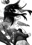  1girl blush commentary dragon_girl dragon_wings fingerless_gloves gloves grabbing_another's_hand greyscale looking_at_viewer monochrome open_mouth original pov scales severed_arm severed_limb sharp_teeth short_hair simple_background st05254 teeth upper_body white_background wings 
