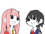  1boy 1girl :d bangs black_hair couple darling_in_the_franxx fang hair_ornament hairband hetero hiro_(darling_in_the_franxx) horns kyouka_jun long_hair long_sleeves looking_at_another military military_uniform necktie oni_horns open_mouth orange_neckwear pale_skin pink_hair red_horns red_neckwear short_hair smile uniform white_hairband zero_two_(darling_in_the_franxx) 