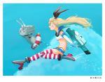  animal_ears blonde_hair blue_eyes blue_sky boots breasts bunny_ears commentary elbow_gloves fake_animal_ears gloves hairband kantai_collection kitsuneno_denpachi lifebuoy midriff navel open_mouth pleated_skirt rensouhou-chan shimakaze_(kantai_collection) shirt skirt sky sleeveless sleeveless_shirt small_breasts striped striped_legwear thighhighs torpedo_launcher translated 