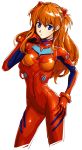  1girl blue_eyes breasts curvy female long_hair looking_at_viewer medium_breasts neon_genesis_evangelion plugsuit s_tanly shiny solo soryu_asuka_langley thighhighs twintails white_background 
