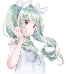  anchovy bangs camisole closed_mouth commentary drill_hair eyebrows_visible_through_hair girls_und_panzer green_hair hair_ribbon hand_in_hair light_frown long_hair looking_to_the_side red_eyes ribbon shirt solo standing strap_slip tam_a_mat twin_drills twintails upper_body white_background white_ribbon white_shirt wind 