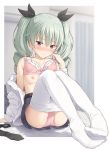  anchovy ass bangs bare_shoulders bed_sheet belt black_bow black_neckwear blue_skirt blush bow bra bra_lift breasts collarbone commentary_request drill_hair embarrassed girls_und_panzer green_hair hair_bow highres indoors long_hair long_sleeves looking_at_viewer mikazuchi_zeus nipples no_neckwear nose_blush on_bed open_clothes open_shirt panties pantyhose pink_bra pink_panties pleated_skirt red_eyes shirt sitting skirt small_breasts smile twintails underwear white_legwear white_shirt 