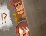  1boy 1girl :d black_gloves brown_hair caught corner crack dated dutch_angle emphasis_lines fio_germi glasses gloves hand_on_another's_head jacket metal_slug opaque_glasses open_mouth peeking_out round_eyewear sasisage smile sunglasses sweatdrop tarma_roving yellow_jacket 