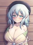  alternate_breast_size aqua_eyes aqua_hair bangs bare_shoulders black_hat blush breasts cleavage commentary_request hair_between_eyes hat huge_breasts komeiji_koishi long_sleeves looking_at_viewer medium_hair pointy_ears smile solo touhou wooden_wall xialu_zajin 