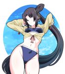  arms_behind_head bikini black_hair commentary_request fate/grand_order fate_(series) long_hair navel shirt side_ponytail swimsuit tied_shirt tsukumo ushiwakamaru_(fate/grand_order) ushiwakamaru_(swimsuit_assassin)_(fate) very_long_hair 