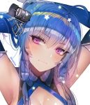 ahoge armpits arms_behind_head azur_lane bangs bare_shoulders blue_gloves blue_hair blush breasts cleavage closed_mouth collarbone commentary dress elbow_gloves eyebrows_visible_through_hair gloves gradient_hair hair_between_eyes hair_ornament hair_ribbon hanato_(seonoaiko) hand_in_hair head_tilt impossible_clothes impossible_dress large_breasts light_smile long_hair looking_at_viewer multicolored_hair no_bra purple_eyes rainbow_gradient ribbon sideboob sidelocks smile solo sparkle st._louis_(azur_lane) star symbol_commentary taut_clothes taut_dress tress_ribbon upper_body white_background white_gloves 