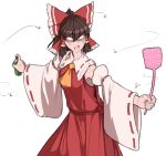  anger_vein angry ascot blank_eyes bow brown_hair bug bug_spray clenched_teeth collar commentary cowboy_shot detached_sleeves fly flyswatter frilled_bow frilled_collar frills hair_bow hair_tubes hakurei_reimu insect japanese_clothes long_hair mefomefo miko red_bow shaded_face simple_background solo teeth touhou white_background wide_sleeves yellow_neckwear 