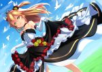  absurdres admiral_hipper_(azur_lane) alternate_costume armpits azur_lane bangs bare_shoulders bird blonde_hair blue_sky blush breasts bridal_veil closed_mouth cloud commentary_request day dress dress_lift elbow_gloves eyebrows_visible_through_hair floating_hair flower gloves hair_between_eyes hair_flower hair_ornament highres iron_cross jewelry lifted_by_self looking_at_viewer outdoors red_flower red_rose ring rose seriya sky small_breasts smile tiara veil wedding_band wedding_dress wind wind_lift 